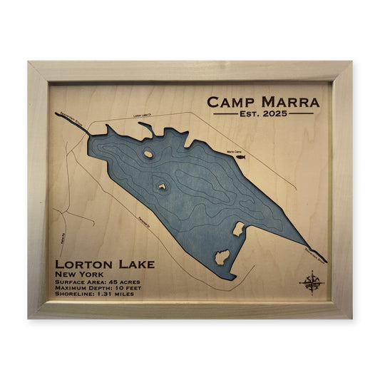 Lorton Camp Marra wood map — single layer with engraved contours, white background