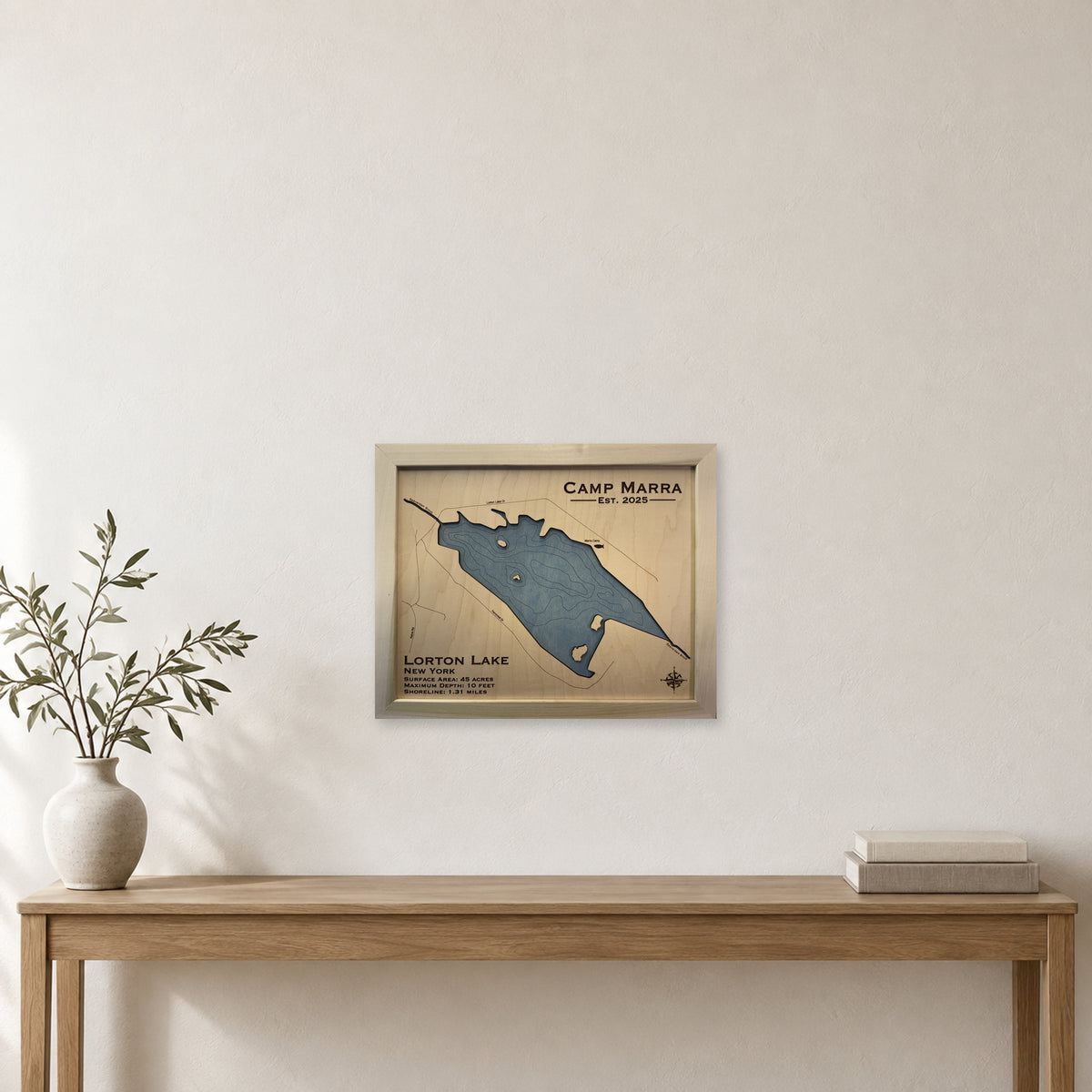 Lorton Camp Marra wood map — single layer with engraved contours, staged room mockup
