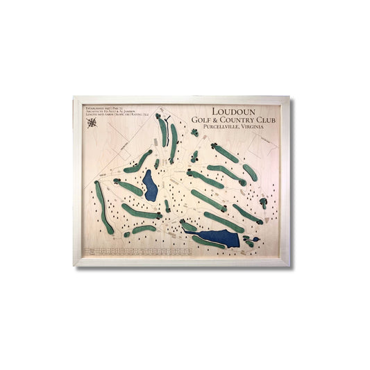 Framed wooden map of Loudoun Golf & Country Club on a white background.
