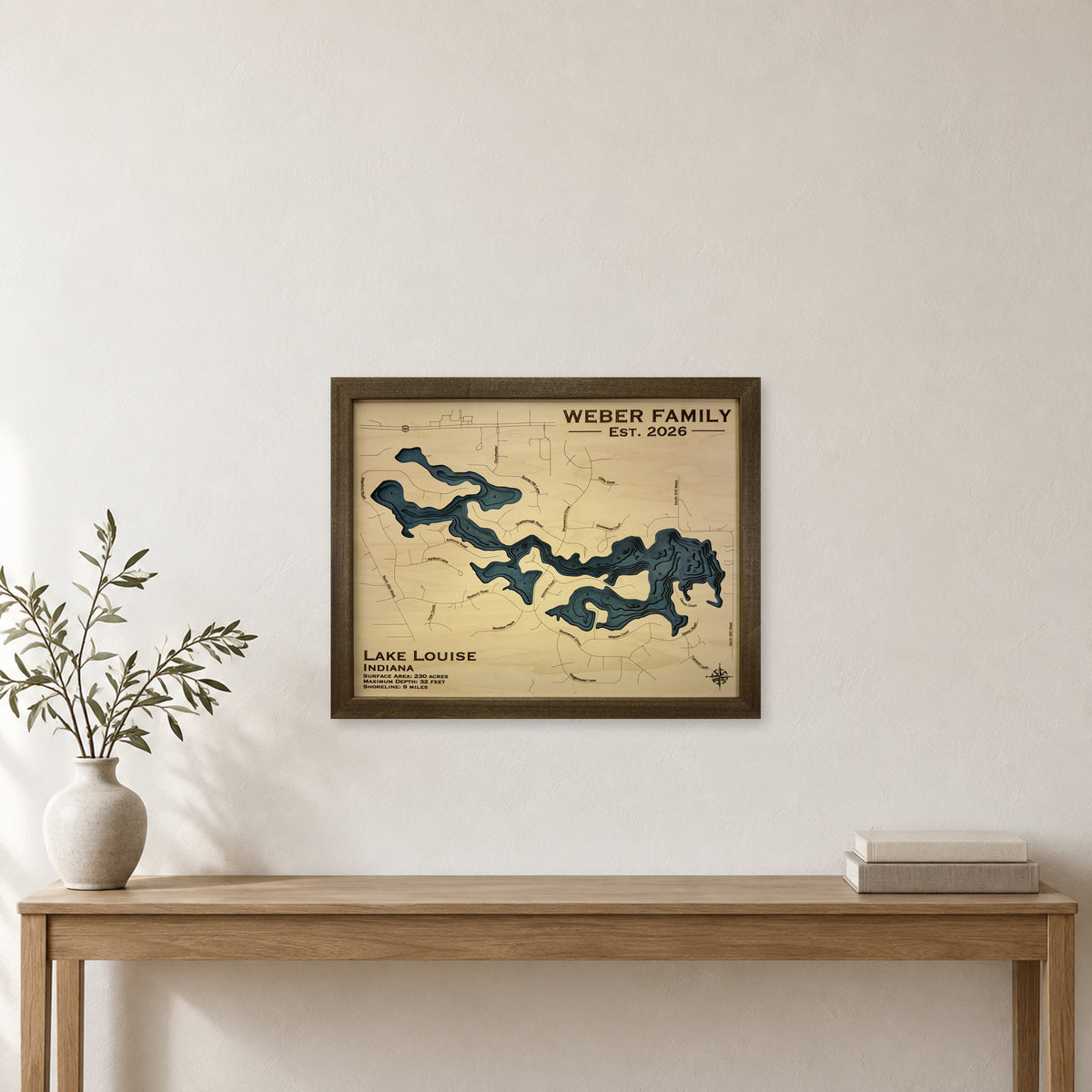 Louise Weber wood map — multilayer, staged room mockup