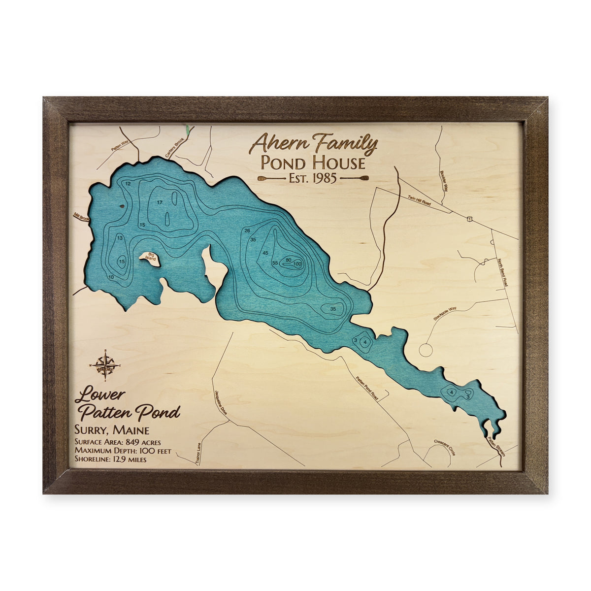 Lower Patten Pond wood map — single layer with engraved contours, white background