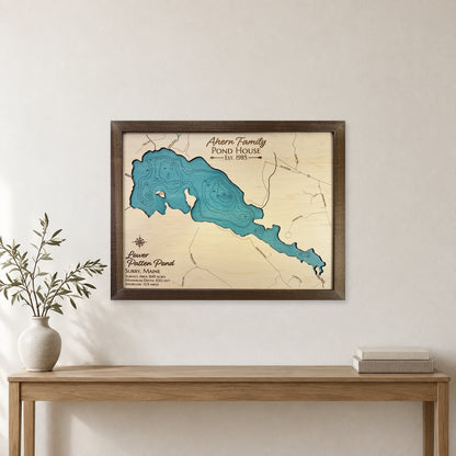 Lower Patten Pond wood map — single layer with engraved contours, staged room mockup