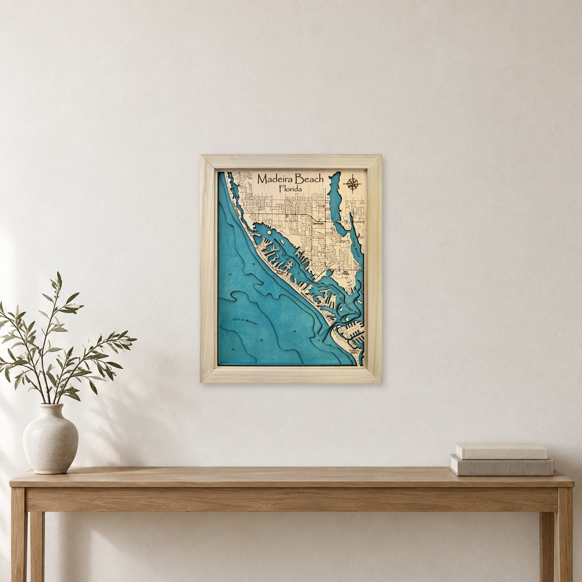 Madeira Beach wood map — multilayer, staged room mockup