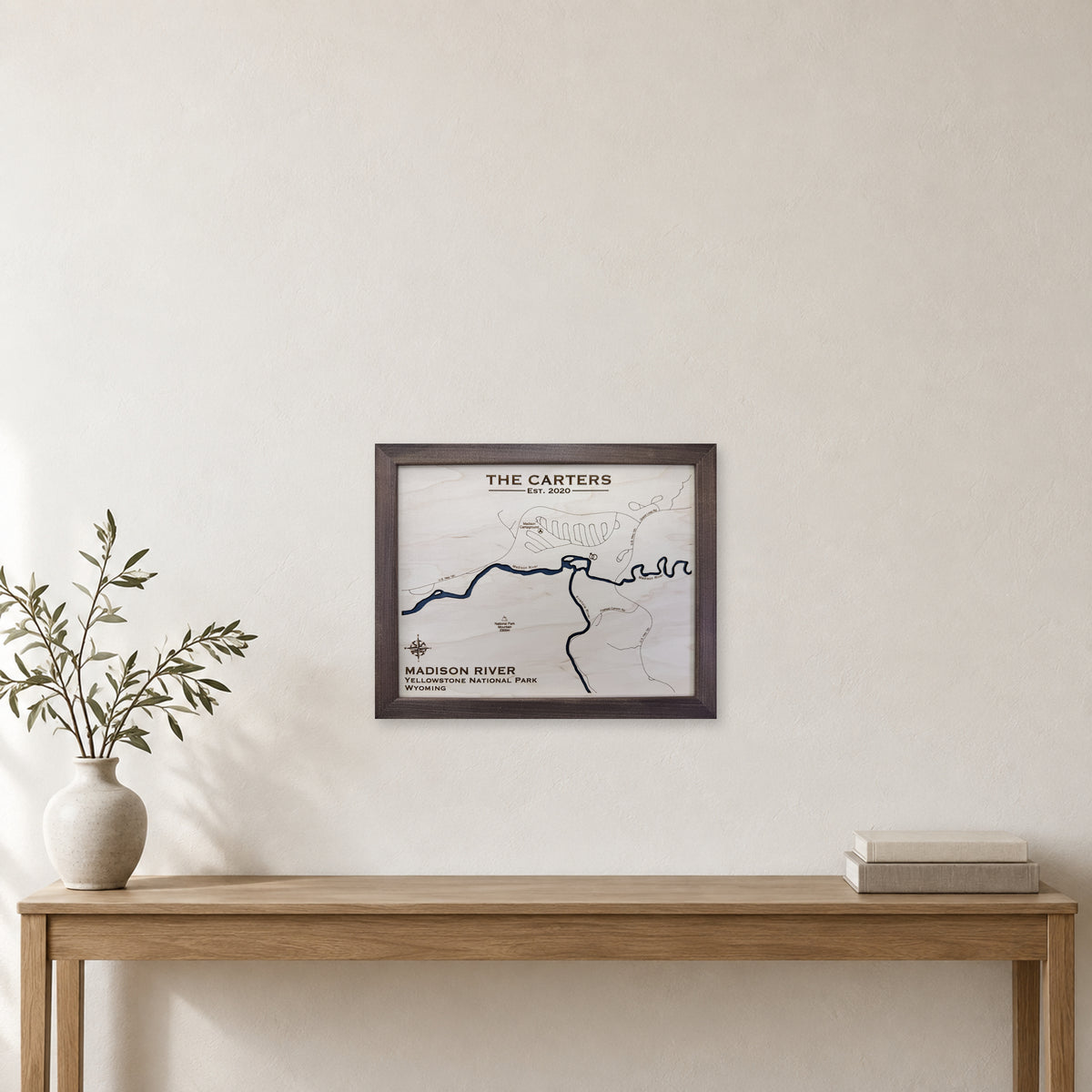 Madison Carters wood map — single layer, staged room mockup