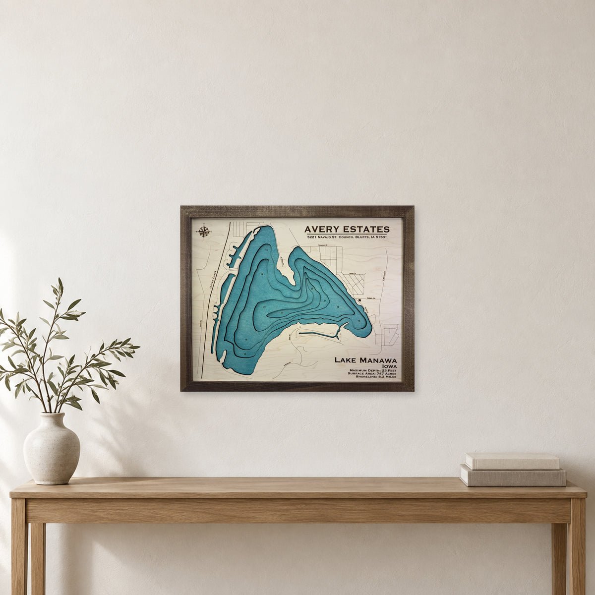 Manawa Avery wood map — multilayer, staged room mockup