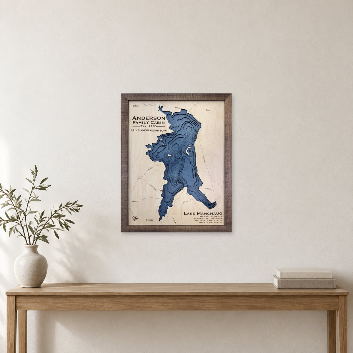 Manchaug Anderson wood map — multilayer, staged room mockup