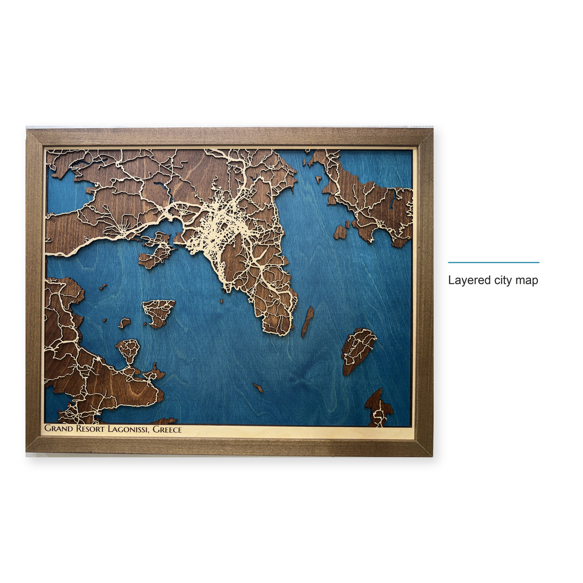 Lagonissi, Greece Wood Map — Layered city map — style-labeled photo