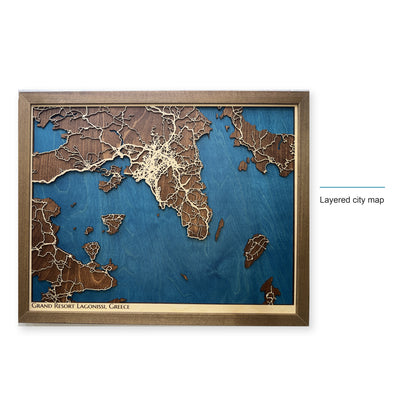 Lagonissi, Greece Wood Map — Layered city map — style-labeled photo