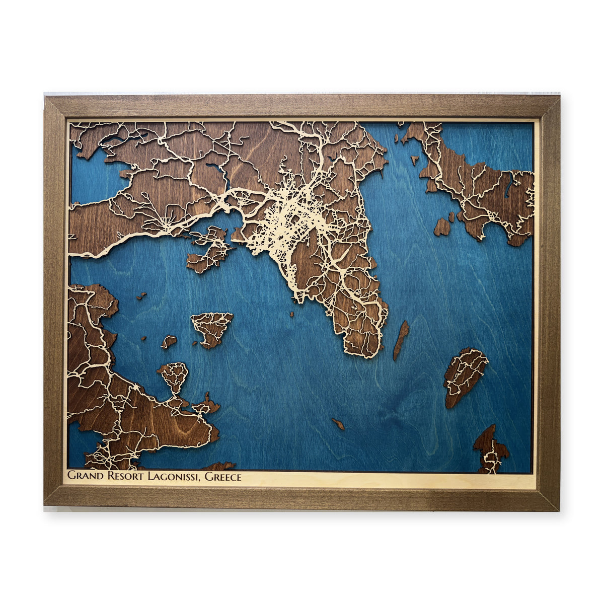 Lagonissi, Greece Wood Map — Layered city map — plain-background photo