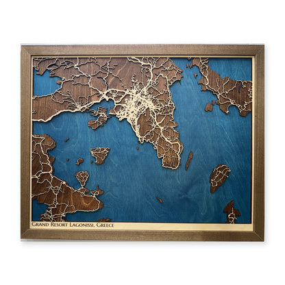 Lagonissi, Greece Wood Map — Layered city map — plain-background photo