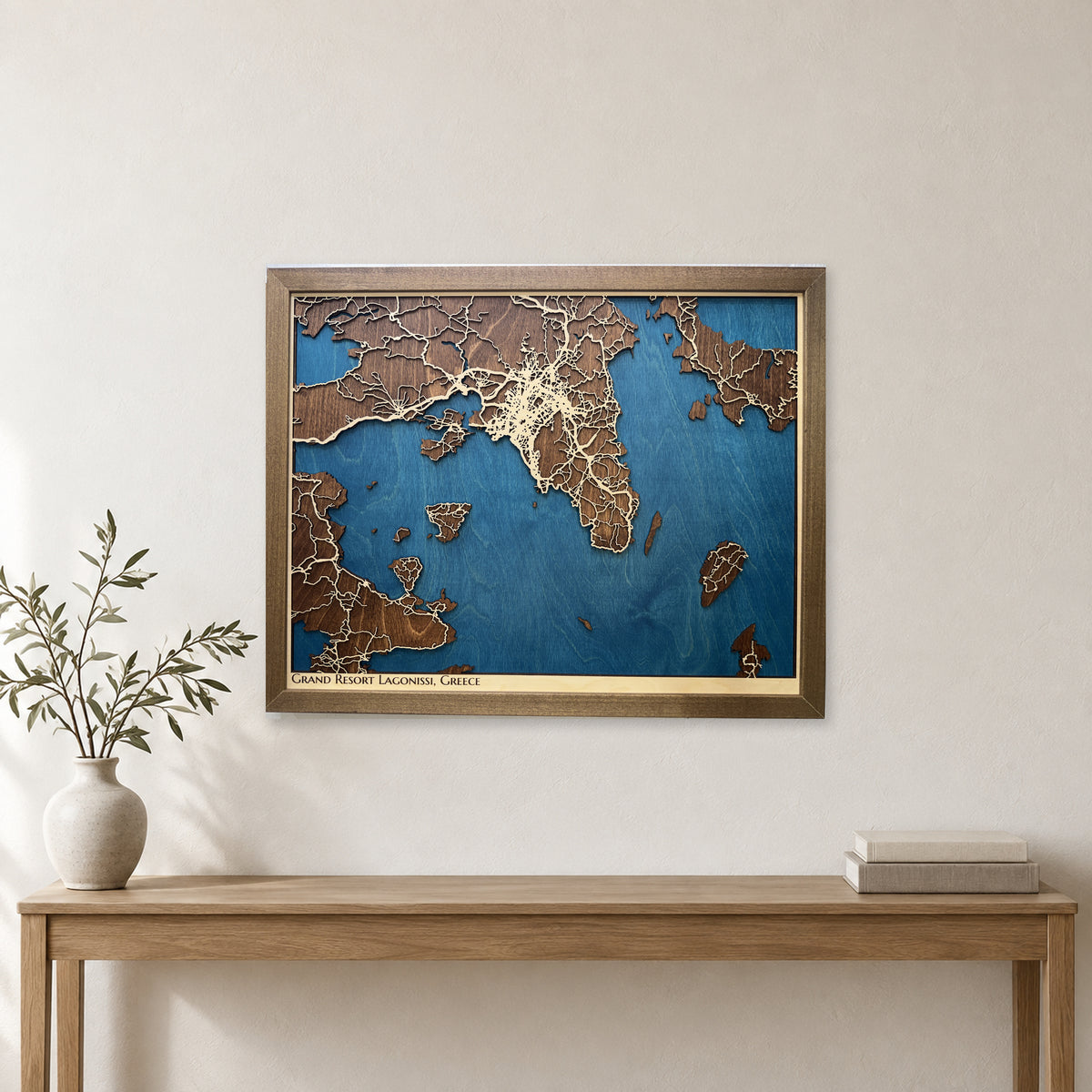 Lagonissi, Greece Wood Map — Layered city map — room mockup