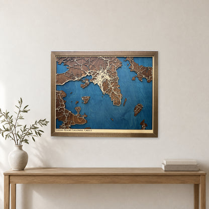 Lagonissi, Greece Wood Map — Layered city map — room mockup