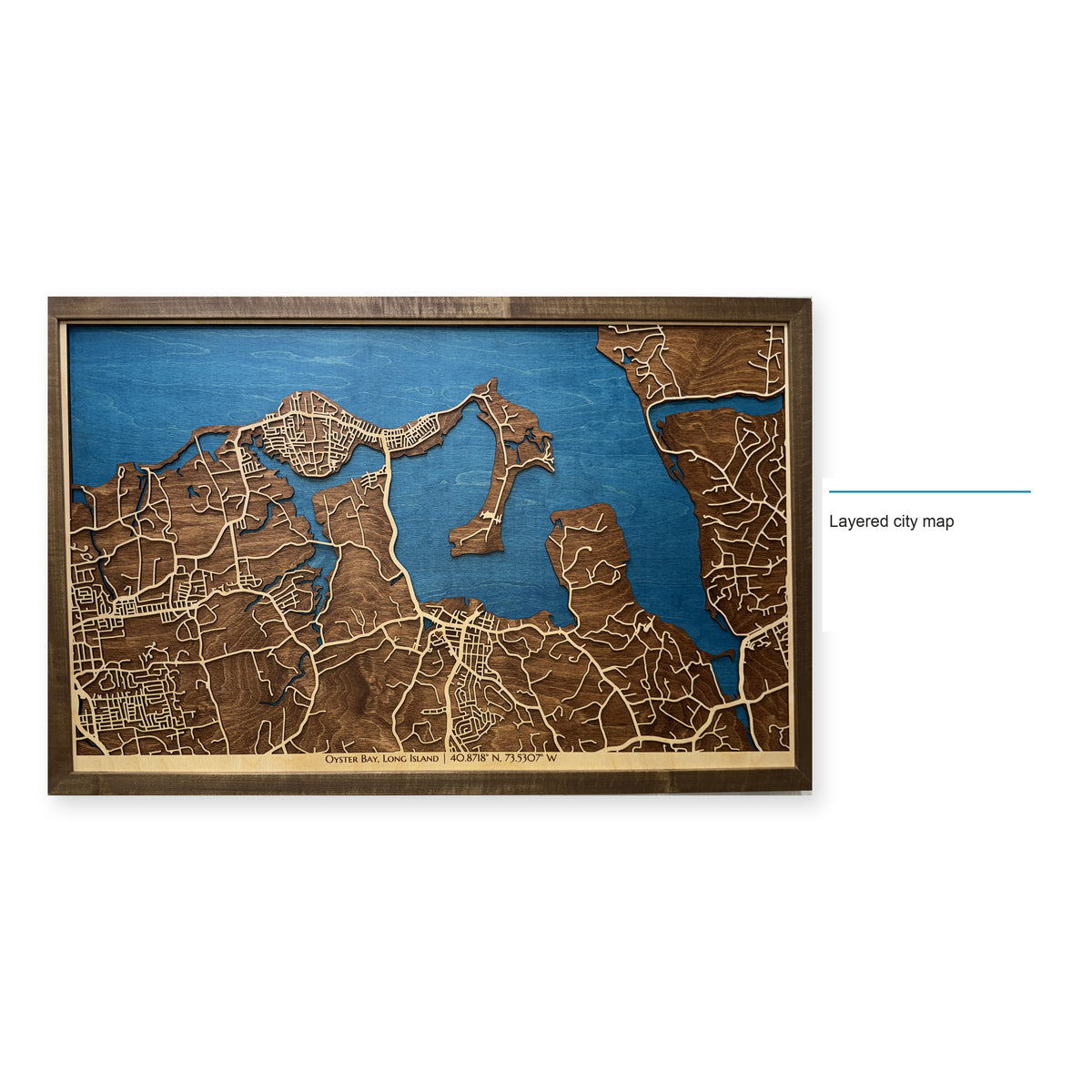 Oyster Bay, Long Island, New York Wood Map — Layered city map — style-labeled photo