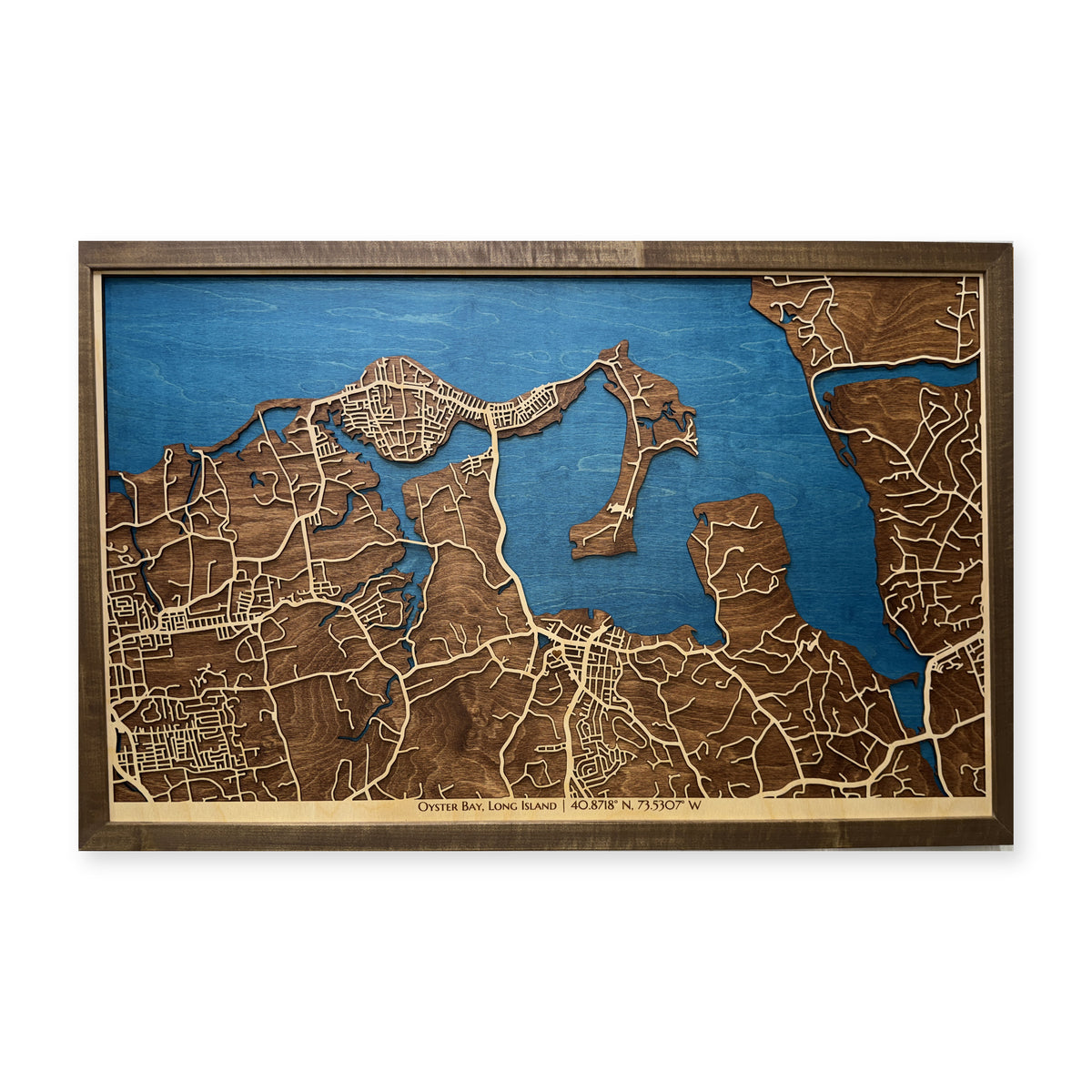 Oyster Bay, Long Island, New York Wood Map — Layered city map — plain-background photo