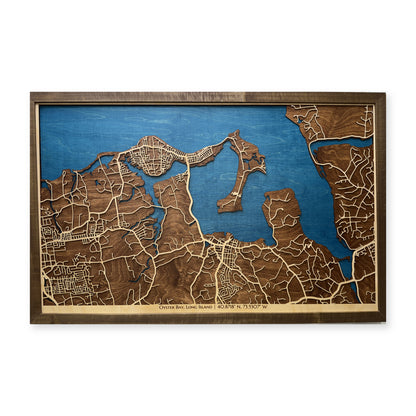 Oyster Bay, Long Island, New York Wood Map — Layered city map — plain-background photo