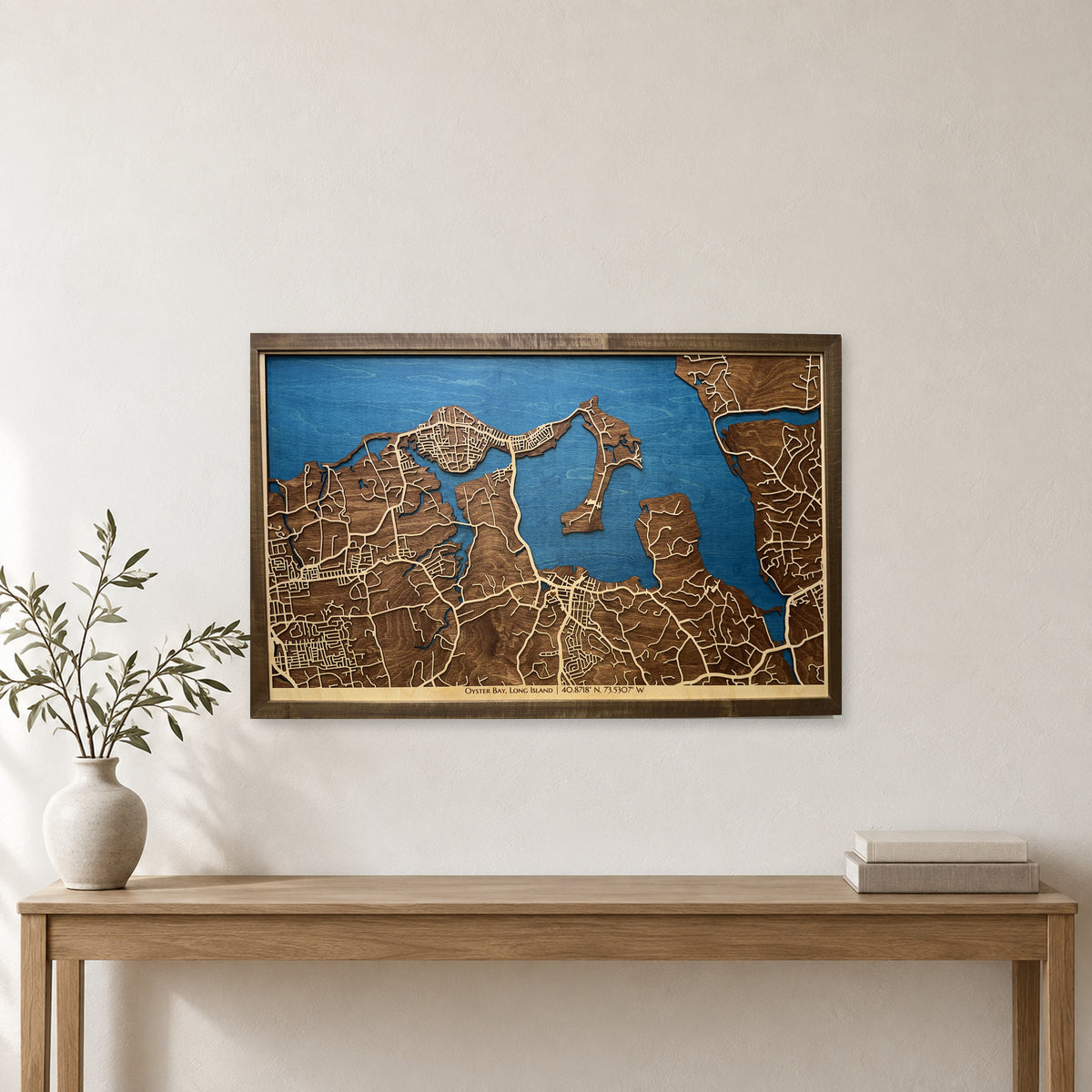 Oyster Bay, Long Island, New York Wood Map — Layered city map — room mockup