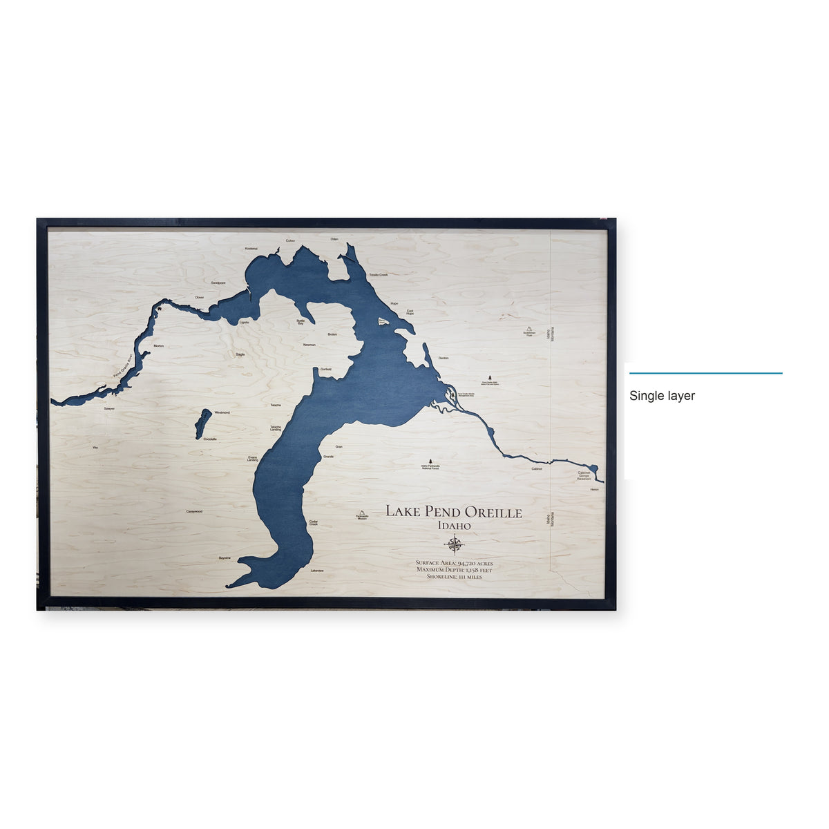 Lake Pend Oreille Wood Map — Single layer — style-labeled photo