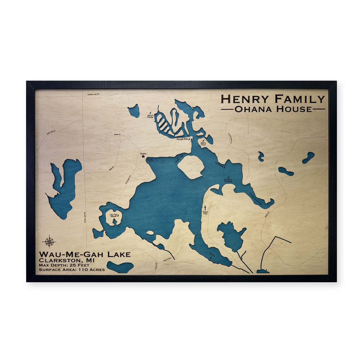 Wau-Me-Gah Lake, Michigan Wood Map — Single layer — plain-background photo