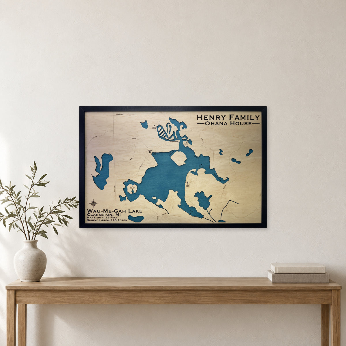 Wau-Me-Gah Lake, Michigan Wood Map — Single layer — room mockup