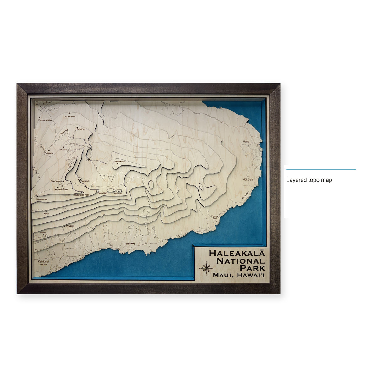 Haleakala National Park, Hawaii Wood Map — Layered topo map — style-labeled photo