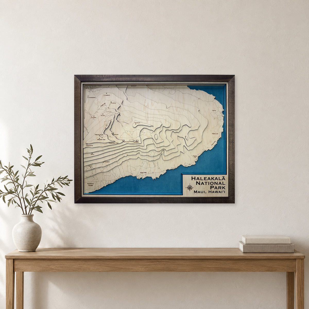 Haleakala National Park, Hawaii Wood Map — Layered topo map — room mockup