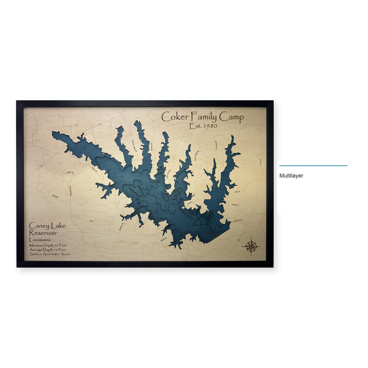 Caney Lake, Louisiana Wood Map — Multilayer — style-labeled photo