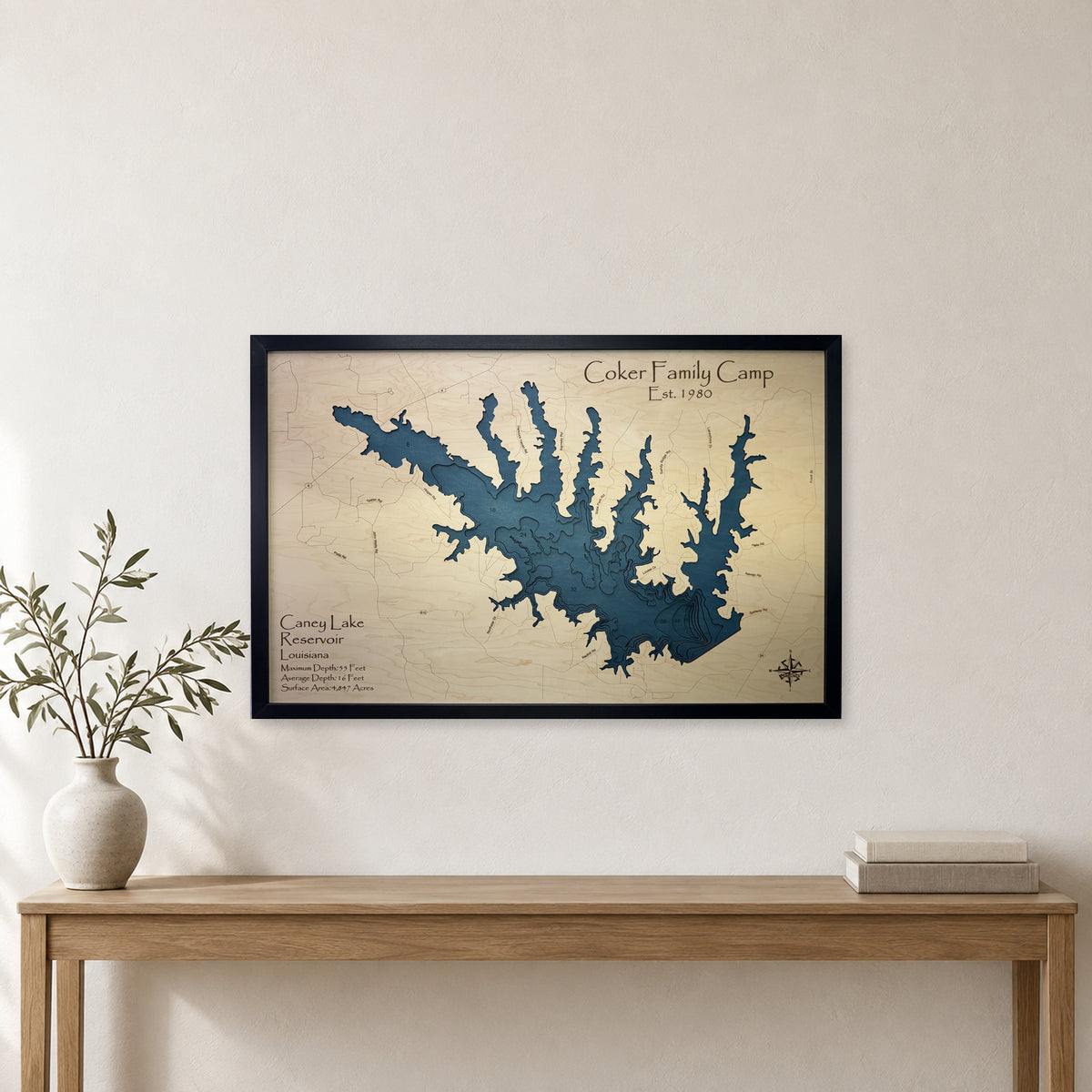 Caney Lake, Louisiana Wood Map — Multilayer — room mockup