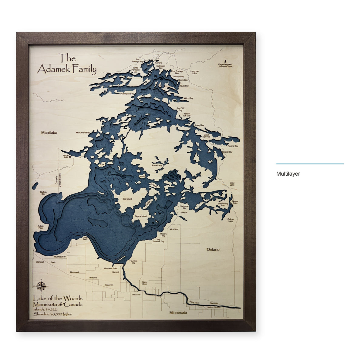 Lake of the Woods Wooden Map — Multilayer — style-labeled photo