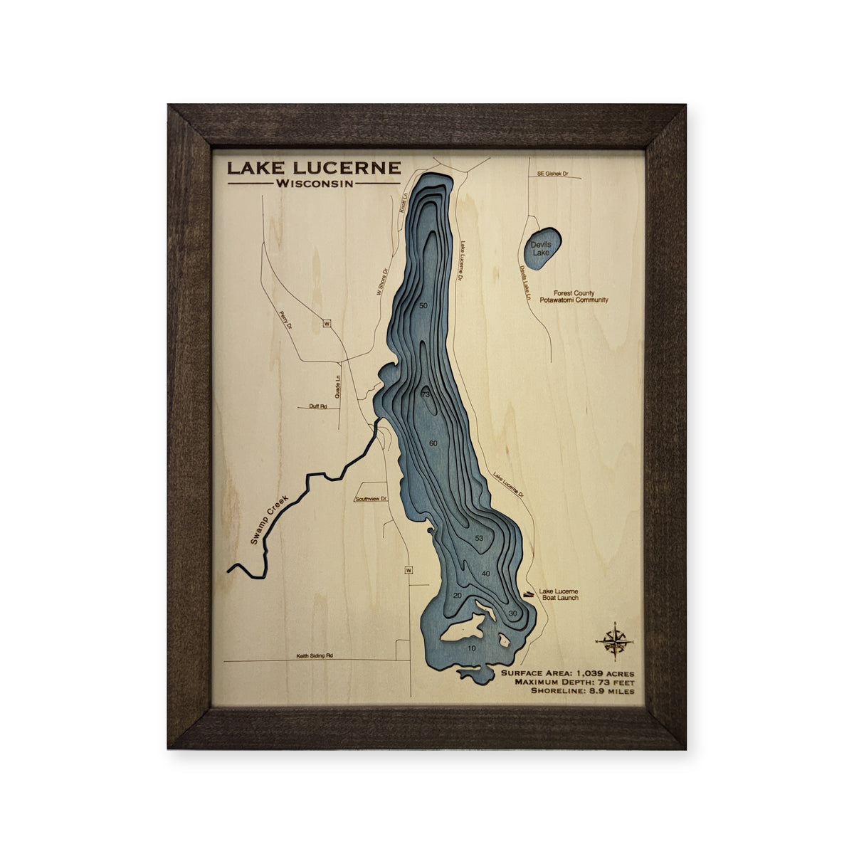 Lake Lucerne, Wisconsin Wood Map — Multilayer — plain-background photo