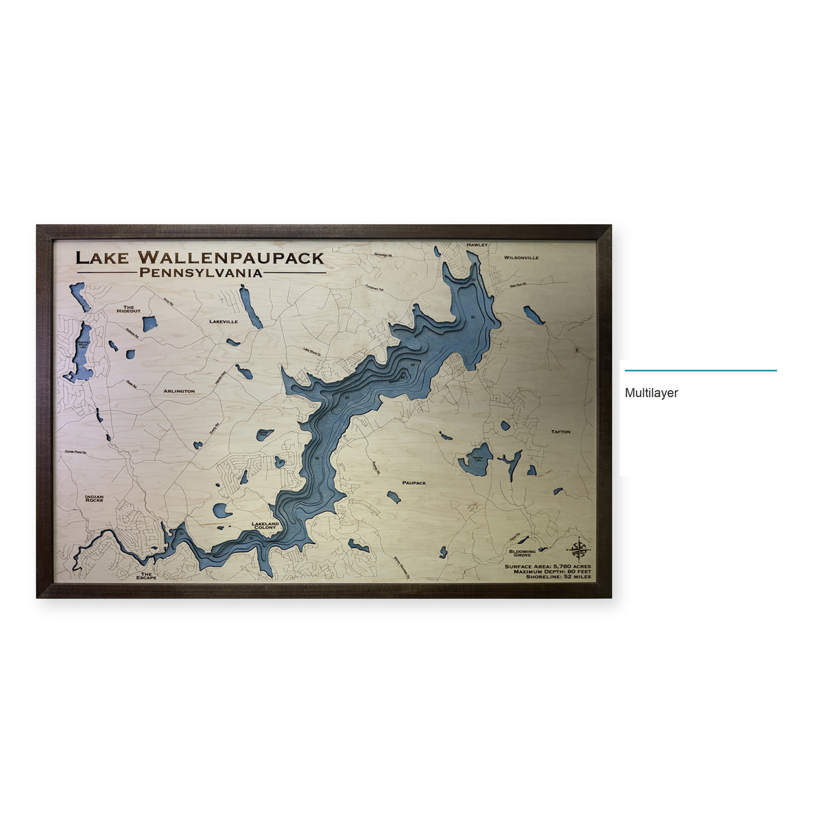 Lake Wallenpaupack Wood Map — Multilayer — style-labeled photo