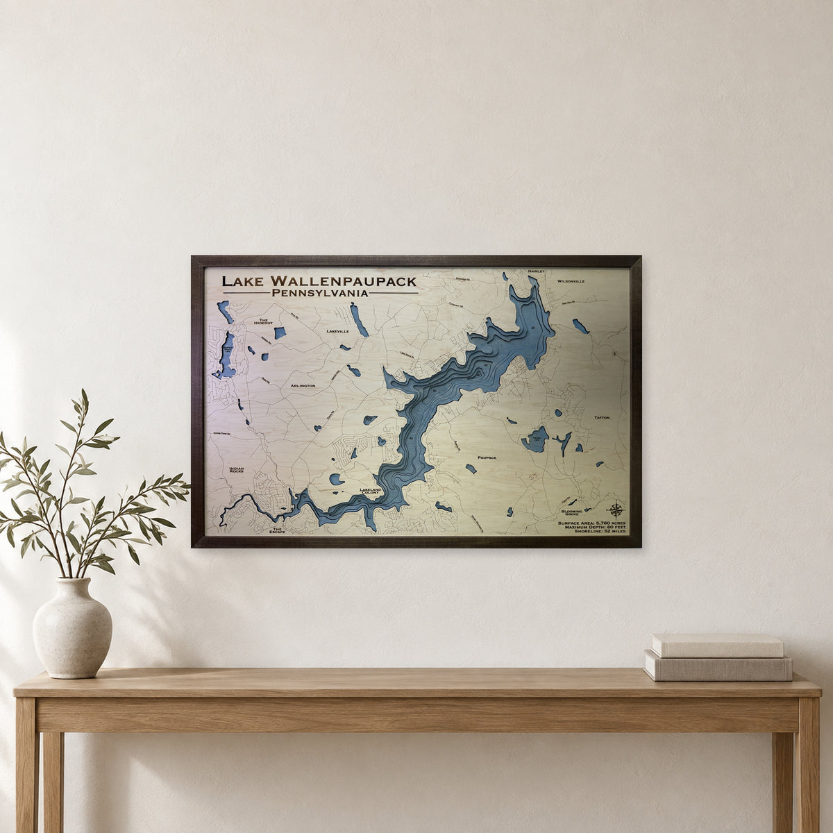 Lake Wallenpaupack Wood Map — Multilayer — room mockup