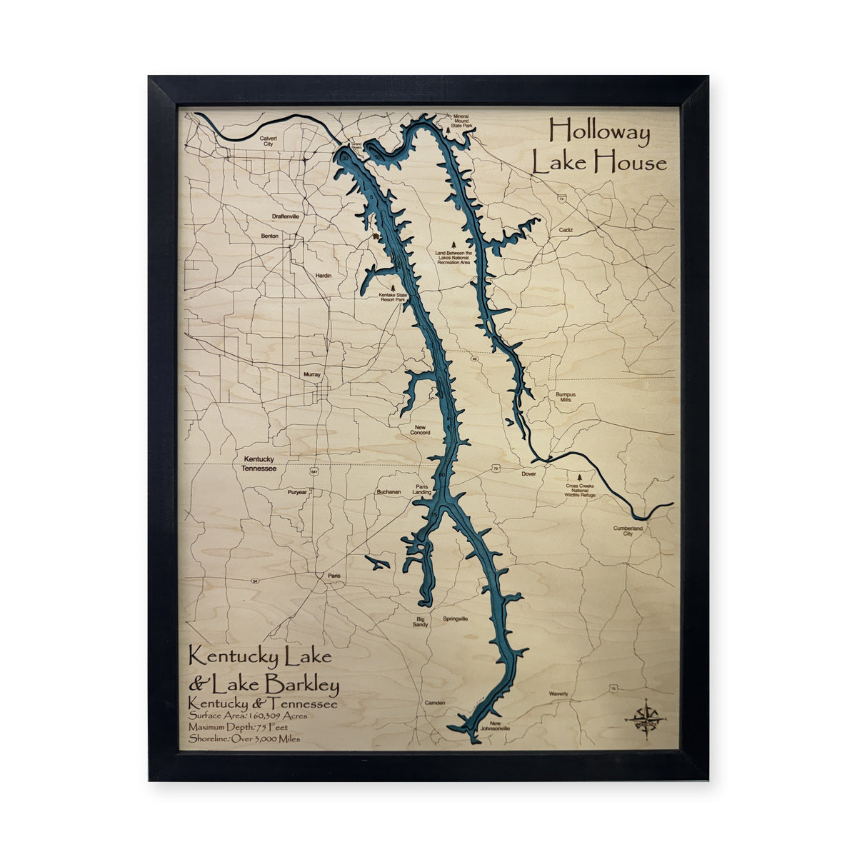 Kentucky Lake and Lake Barkley Wood Map — Single layer — plain-background photo
