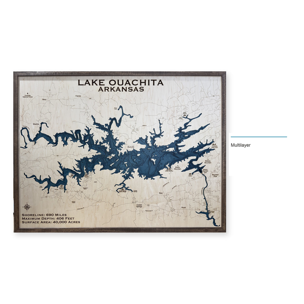 Lake Ouachita, Arkansas Wood Map — Multilayer — style-labeled photo