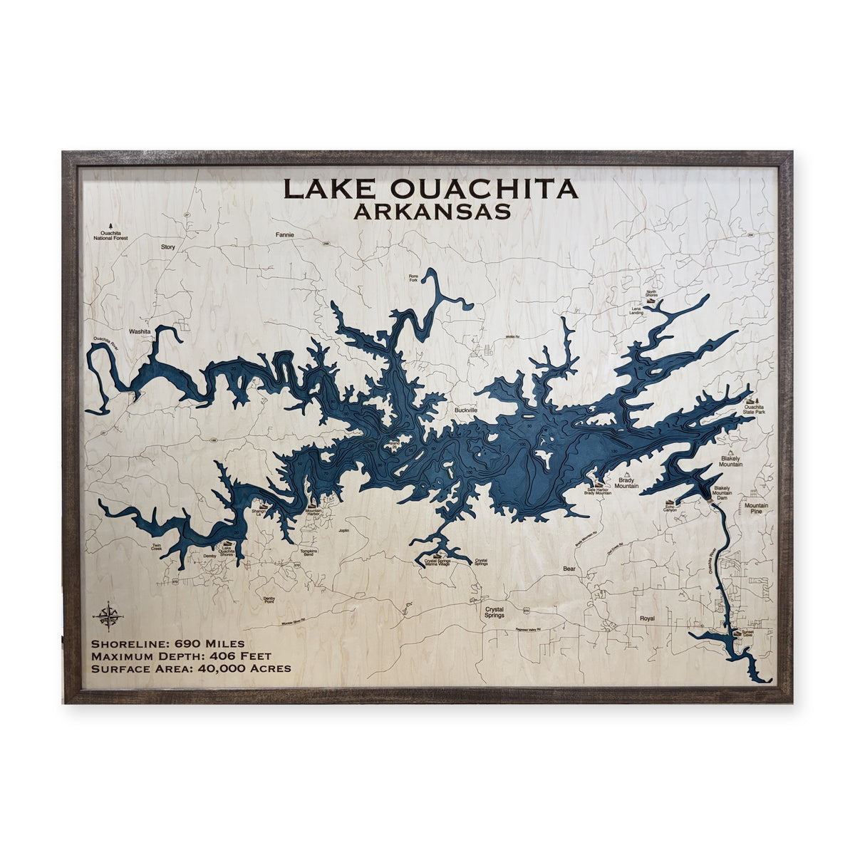 Lake Ouachita, Arkansas Wood Map — Multilayer — plain-background photo