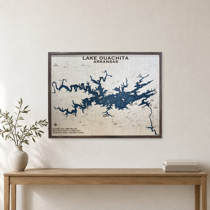 Lake Ouachita, Arkansas Wood Map — Multilayer — room mockup