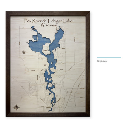 Fox River and Tichigan Lake, Wisconsin Wood Map — Single layer — style-labeled photo