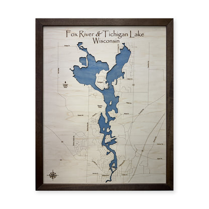 Fox River and Tichigan Lake, Wisconsin Wood Map — Single layer — plain-background photo