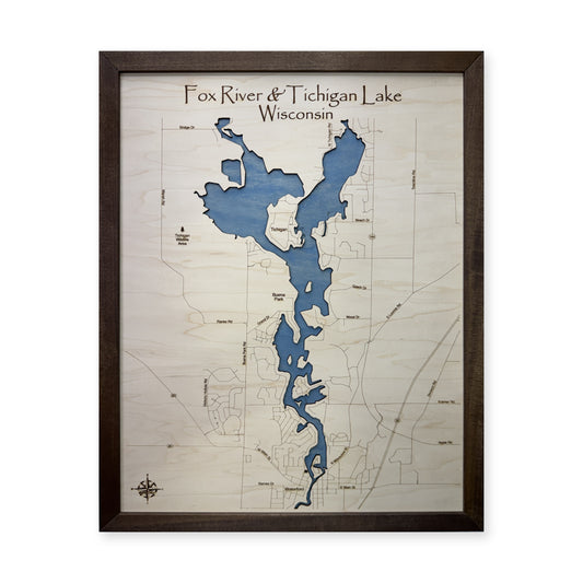 Fox River and Tichigan Lake, Wisconsin Wood Map — Single layer — plain-background photo