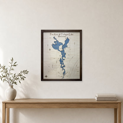 Fox River and Tichigan Lake, Wisconsin Wood Map — Single layer — room mockup