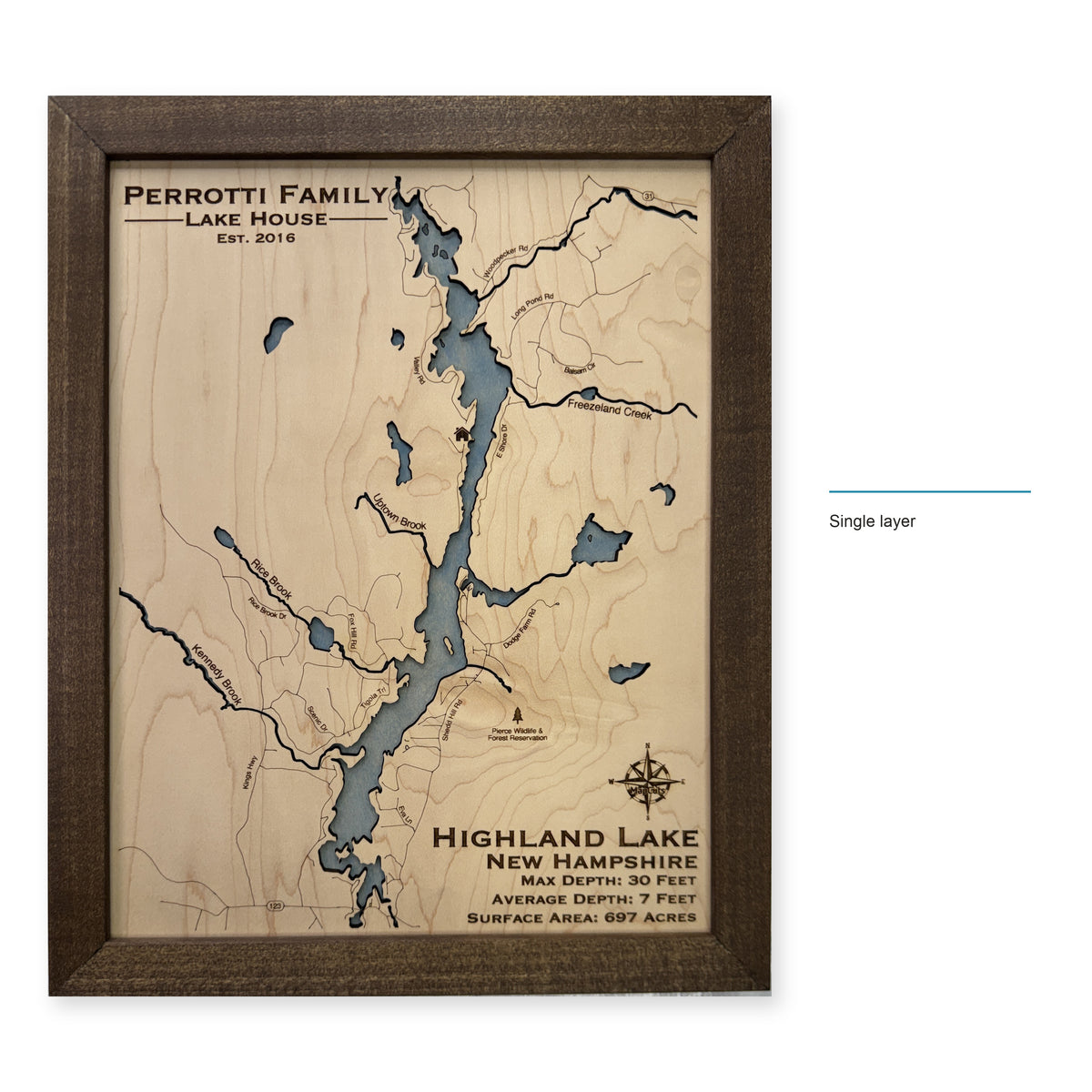 Highland Lake, New Hampshire Wood Map — Single layer — style-labeled photo