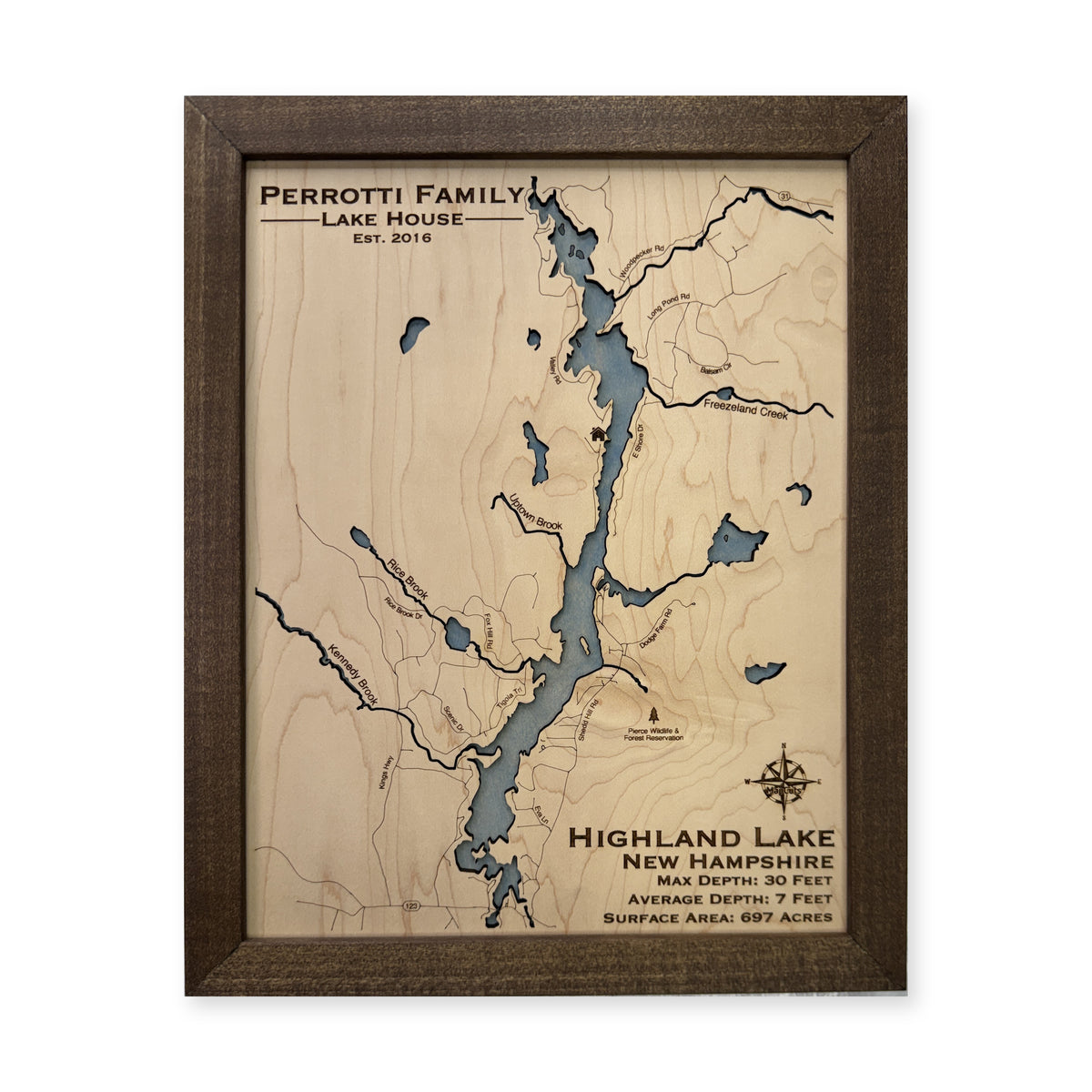 Highland Lake, New Hampshire Wood Map — Single layer — plain-background photo