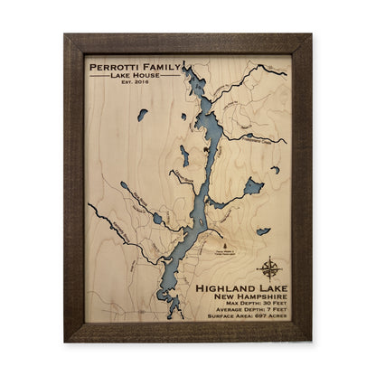 Highland Lake, New Hampshire Wood Map — Single layer — plain-background photo