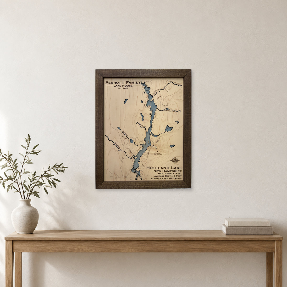 Highland Lake, New Hampshire Wood Map — Single layer — room mockup