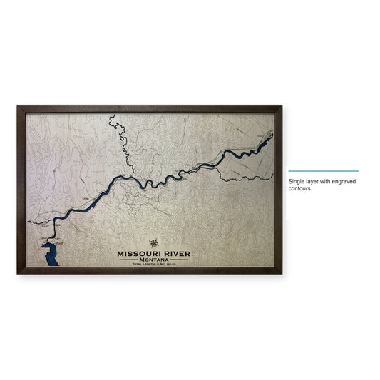 Missouri River, Montana Wood Map — Single layer with engraved contours — style-labeled photo