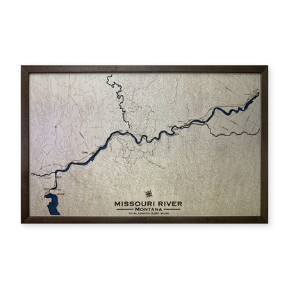 Missouri River, Montana Wood Map — Single layer with engraved contours — plain-background photo