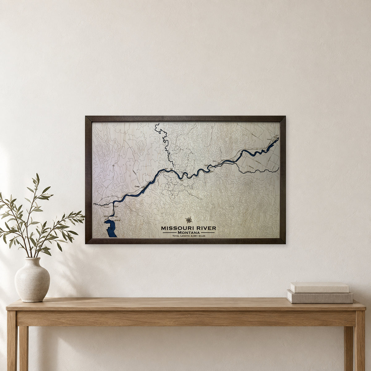 Missouri River, Montana Wood Map — Single layer with engraved contours — room mockup