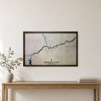 Missouri River, Montana Wood Map — Single layer with engraved contours — room mockup