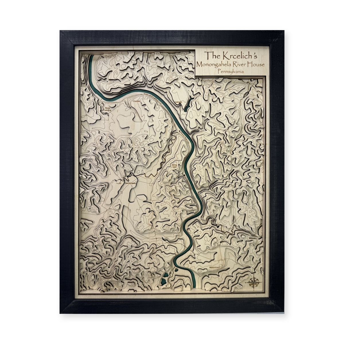 Monongahela River, Pennsylvania Wood Map — Layered topo map — plain-background photo