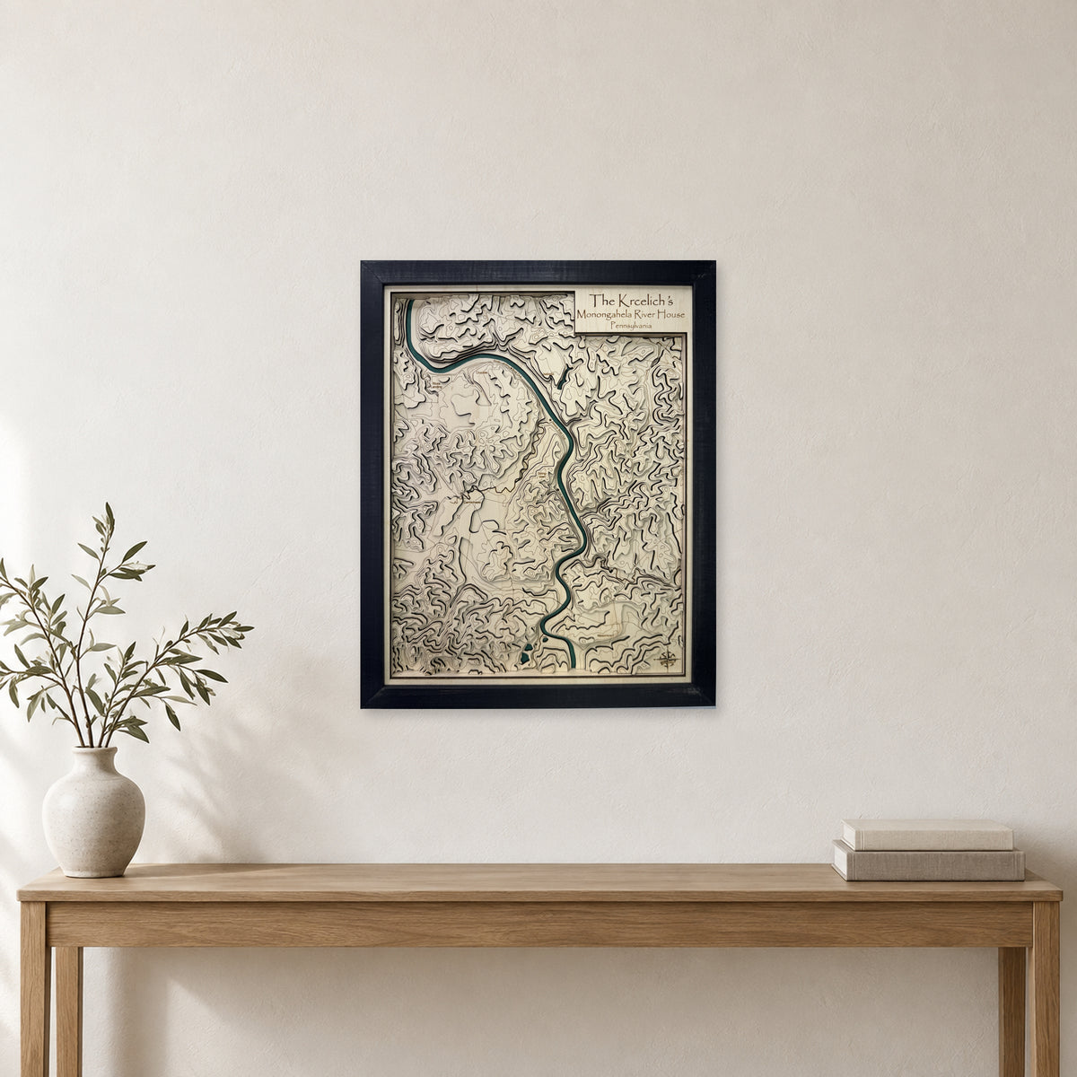 Monongahela River, Pennsylvania Wood Map — Layered topo map — room mockup