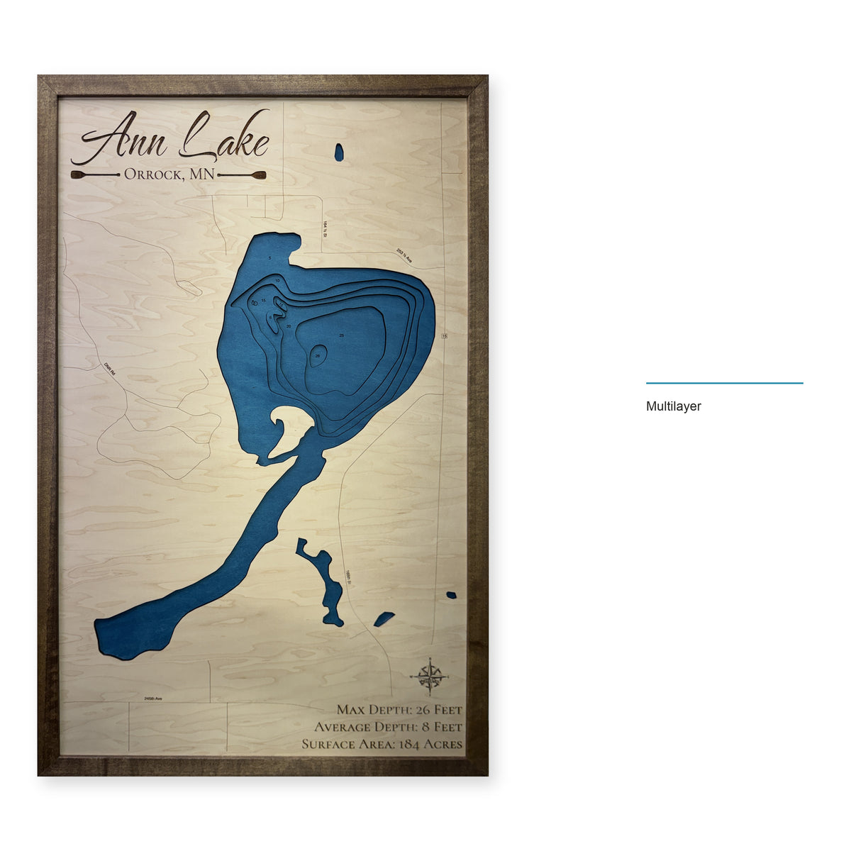 Ann Lake, Orrock, Minnesota Wood Map — Multilayer — style-labeled photo